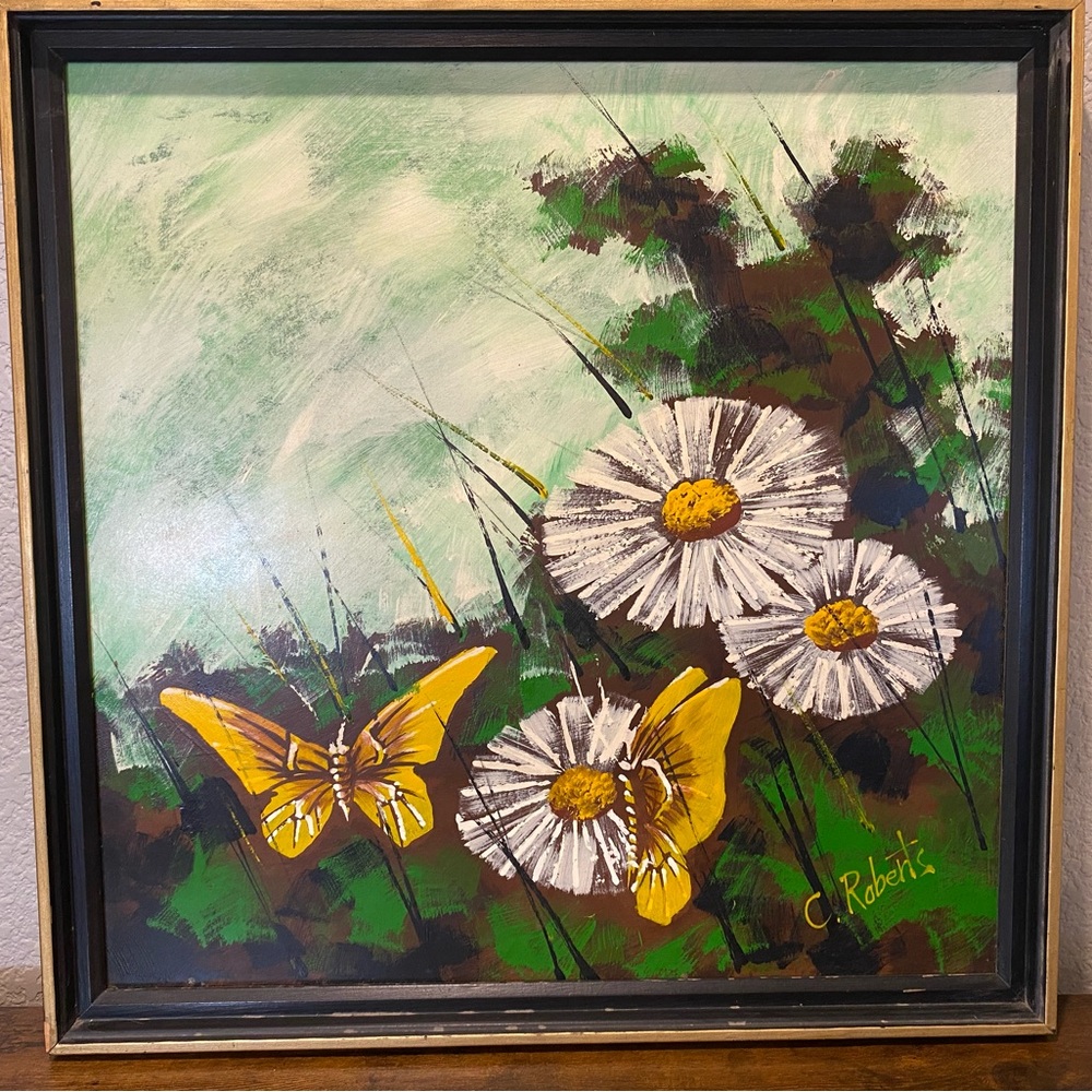 Original C. Roberts, Oil on Canvas, Daisies Butterflies.